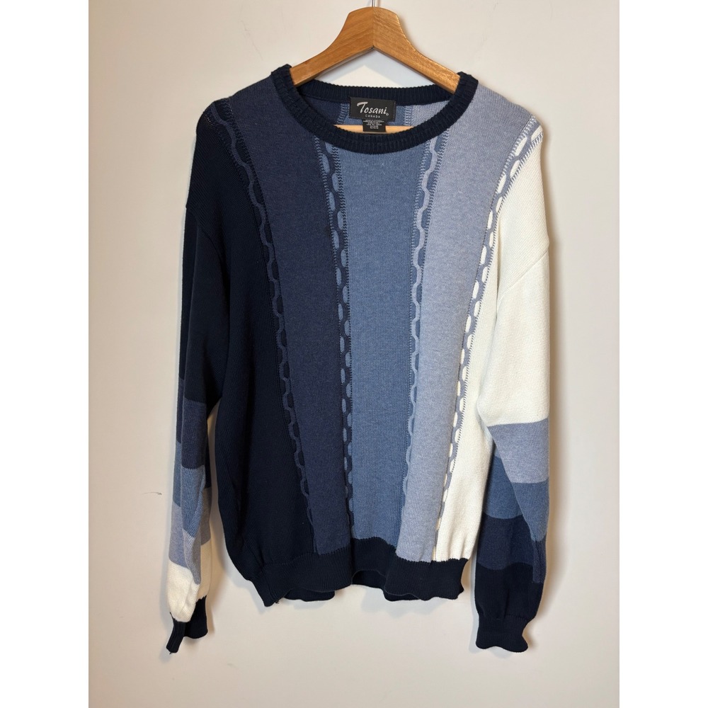 Tosani Canada Mens Vintage Colorblock Knit Sweater Blue Cream Crewneck Medium